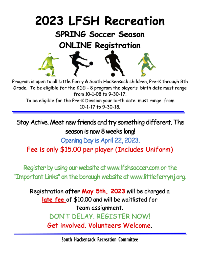 2023 Little Ferry South Hackensack Recreation Spring Soccer Season Online Registration